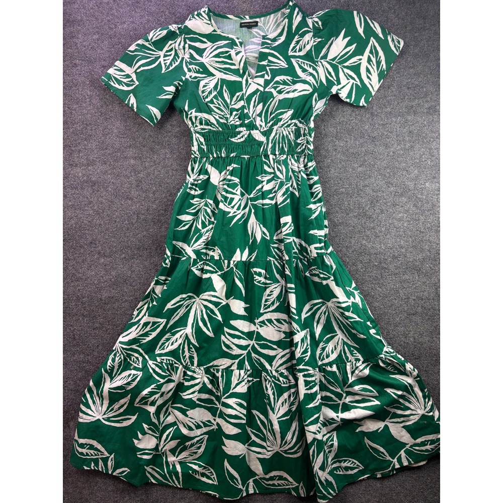 Meadow Rhodes Tiered Midi Dress Womens Small Green White Tropical Palm Cotton